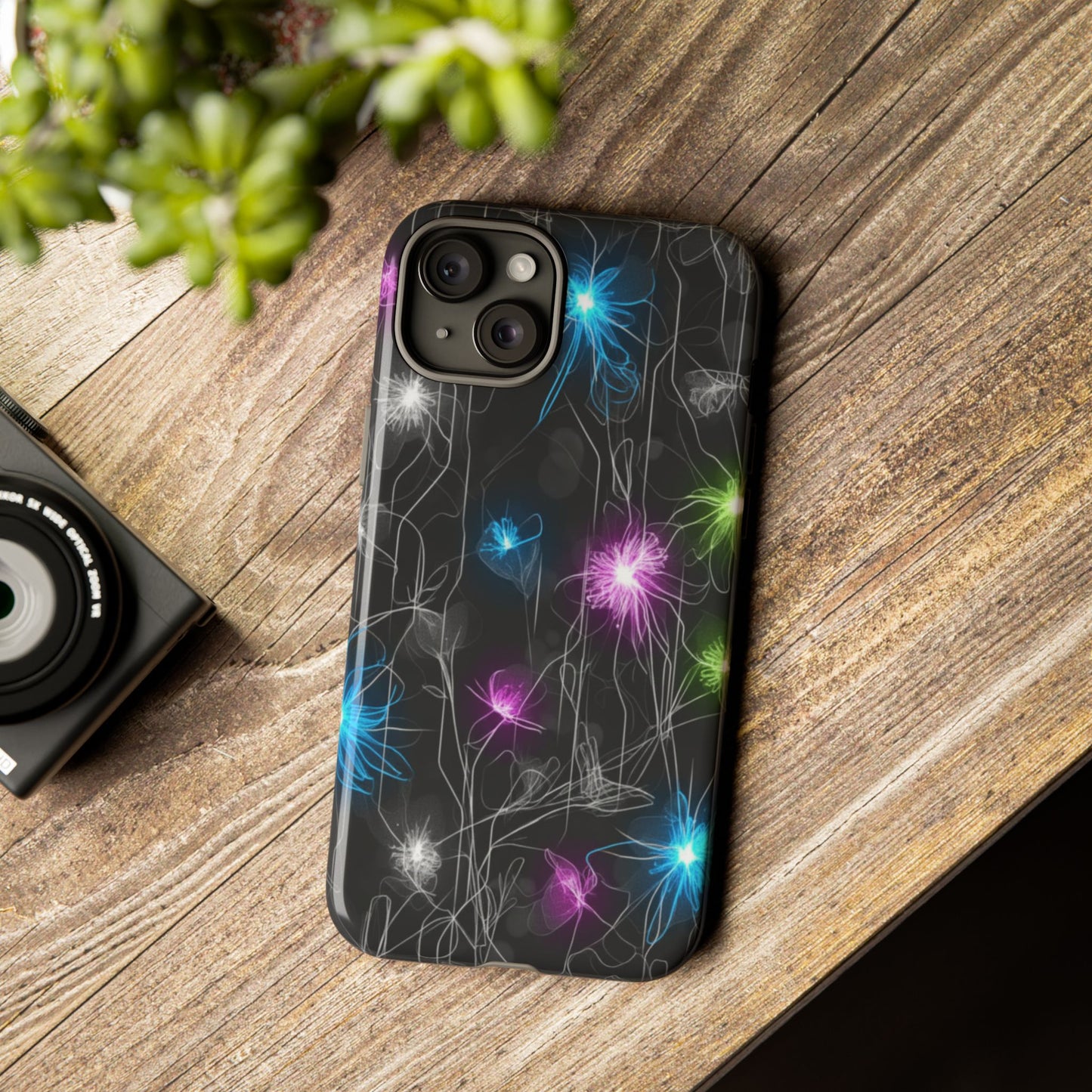 Neon Floral Tough Phone Case — Glow Flower Protective iPhone Cover