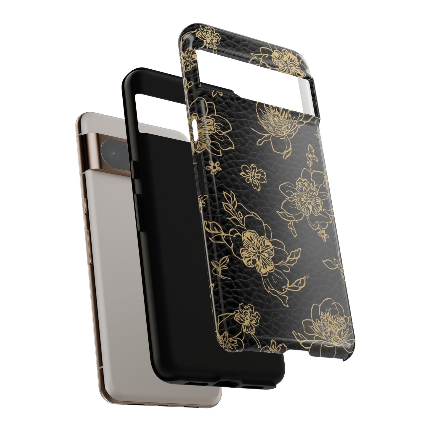 Floral Leather Phone Case — Gold Outline Flowers on Black Tough Case