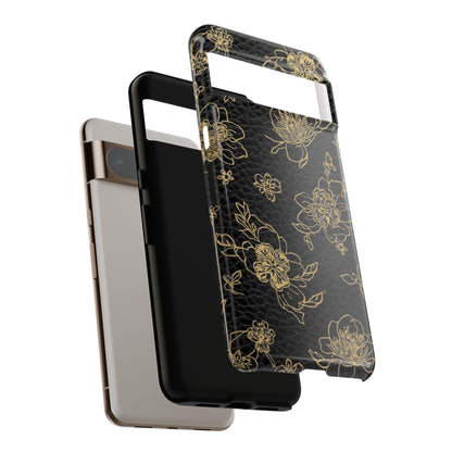 Floral Leather Phone Case — Gold Outline Flowers on Black Tough Case