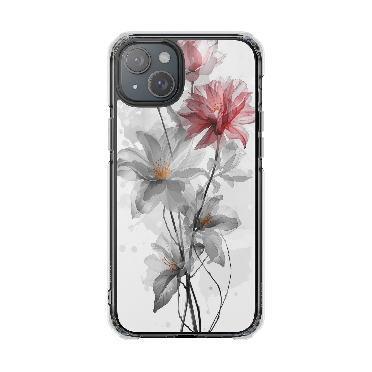 Clear Magnetic Phone Case — Watercolor Pink & Gray Floral Impact Protection