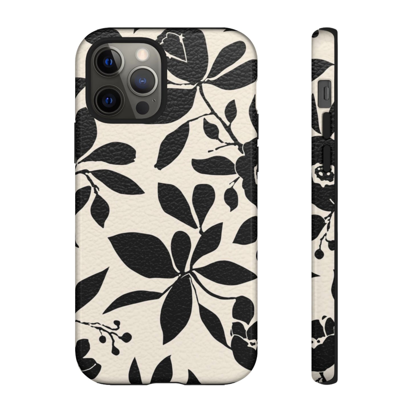 Black Floral Pattern Phone Case — Monochrome Botanical Tough Case
