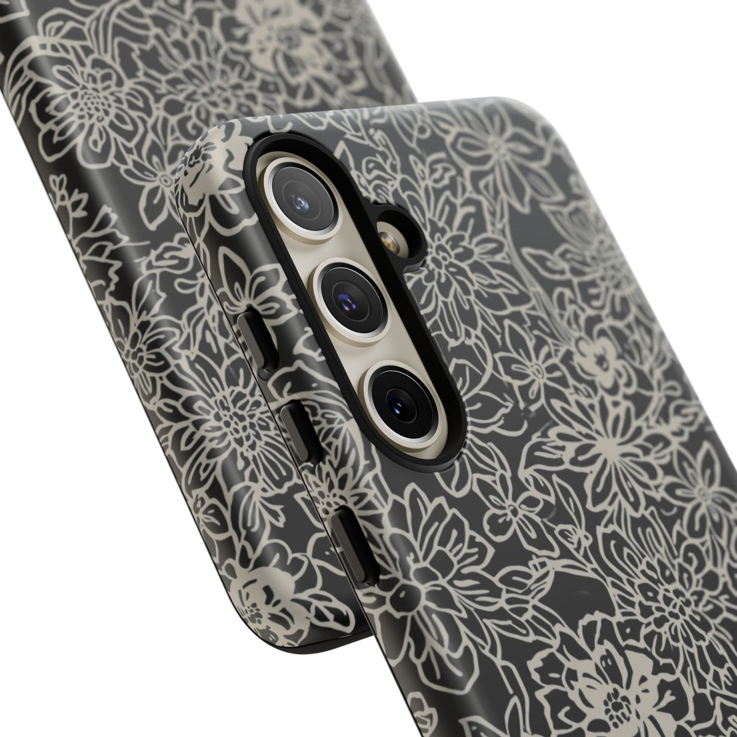 Floral Doodle Tough Phone Case — Black & White Sketch Flower Protective Cover
