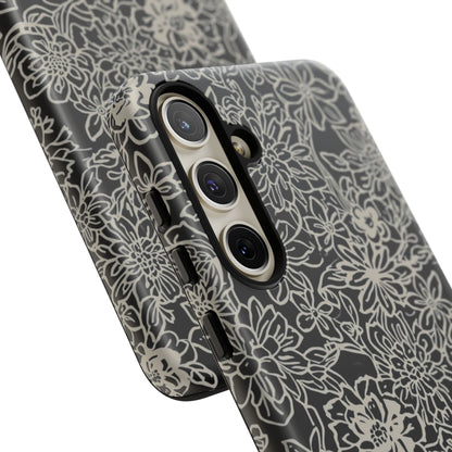 Floral Doodle Tough Phone Case — Black & White Sketch Flower Protective Cover