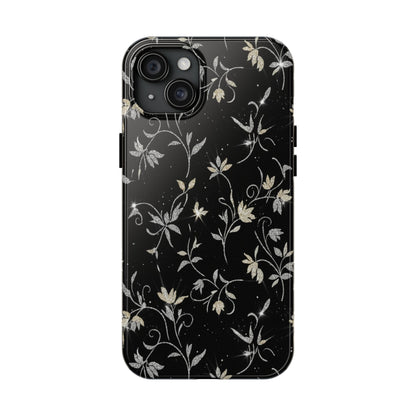 Floral Noir Tough Phone Case — Vintage Black Botanical Protective Cover
