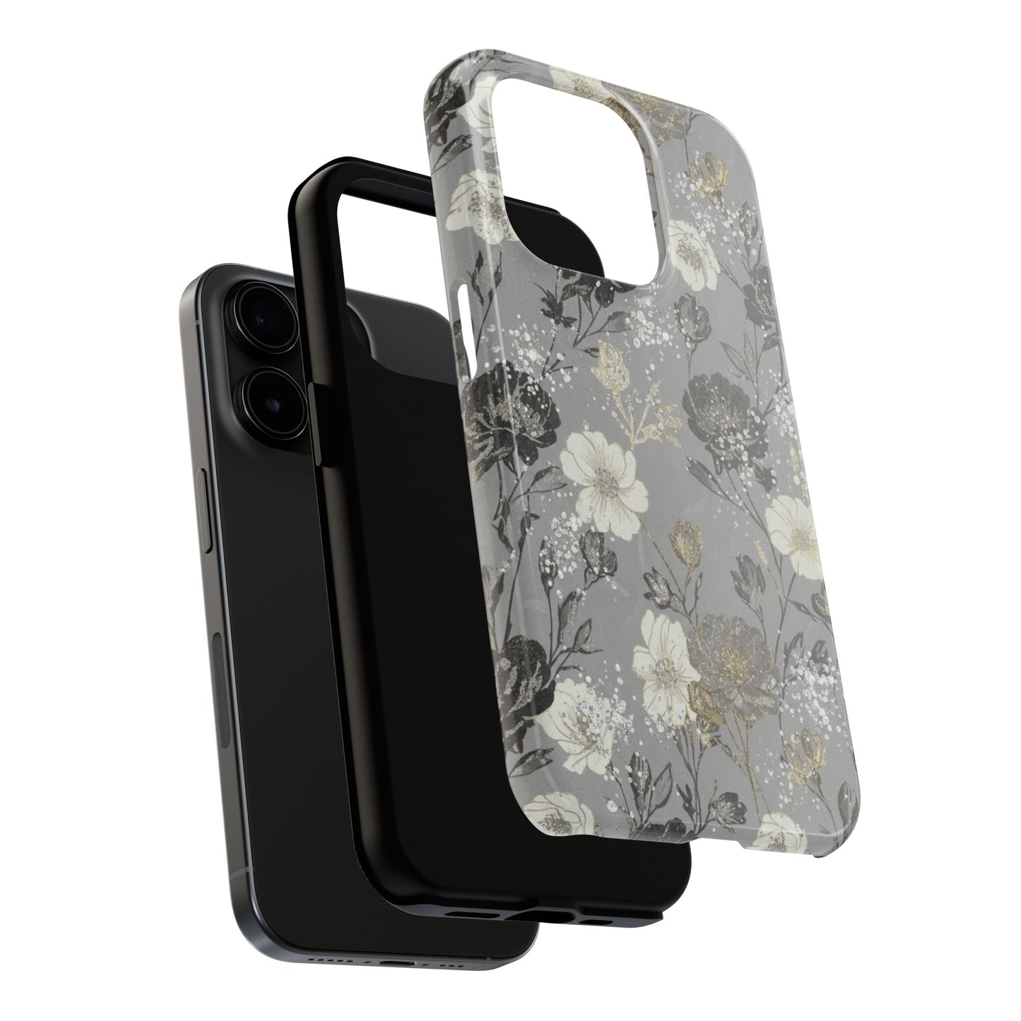 Floral Gray Tough Phone Case — Elegant Protective Phone Cover with Gold Accent