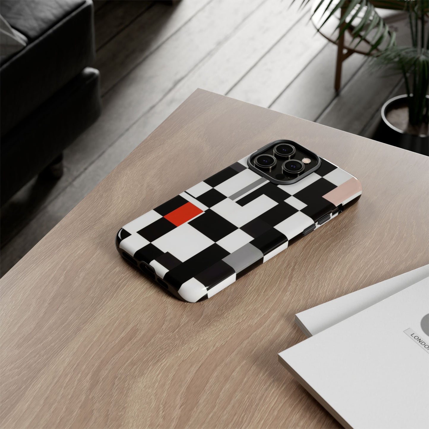 Abstract Geometric Phone Case – Black & White Checker Grid with Red Accent