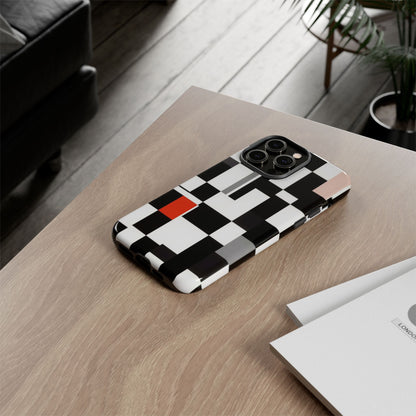 Abstract Geometric Phone Case – Black & White Checker Grid with Red Accent