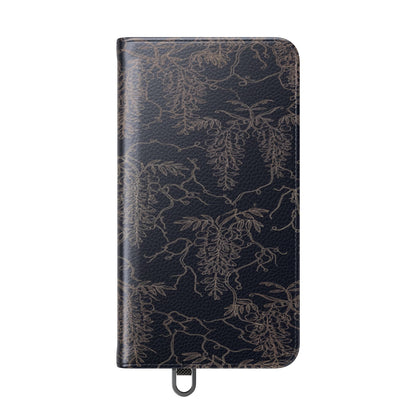 Botanical Noir Flip Phone Case — Dark Floral Wallet Cover with Card Slots