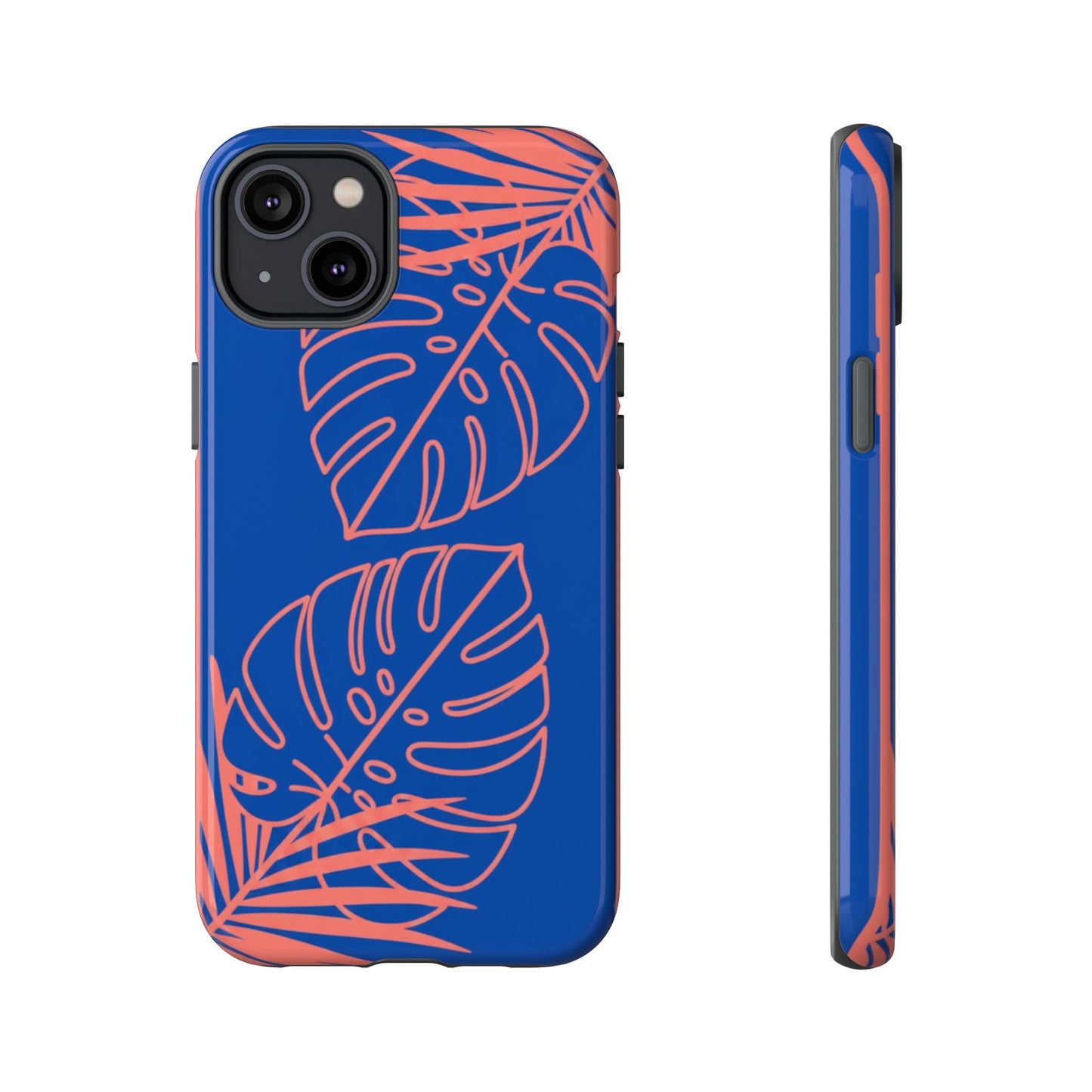 Tropical Monstera Phone Case — Blue & Coral Leaf Protective Cover