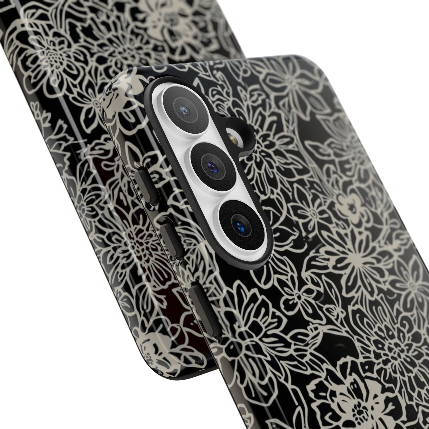 Floral Doodle Tough Phone Case — Black & White Sketch Flower Protective Cover