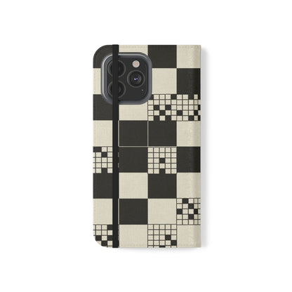 Checkerboard Flip Phone Case – Retro Black & Cream Geometric Wallet Case