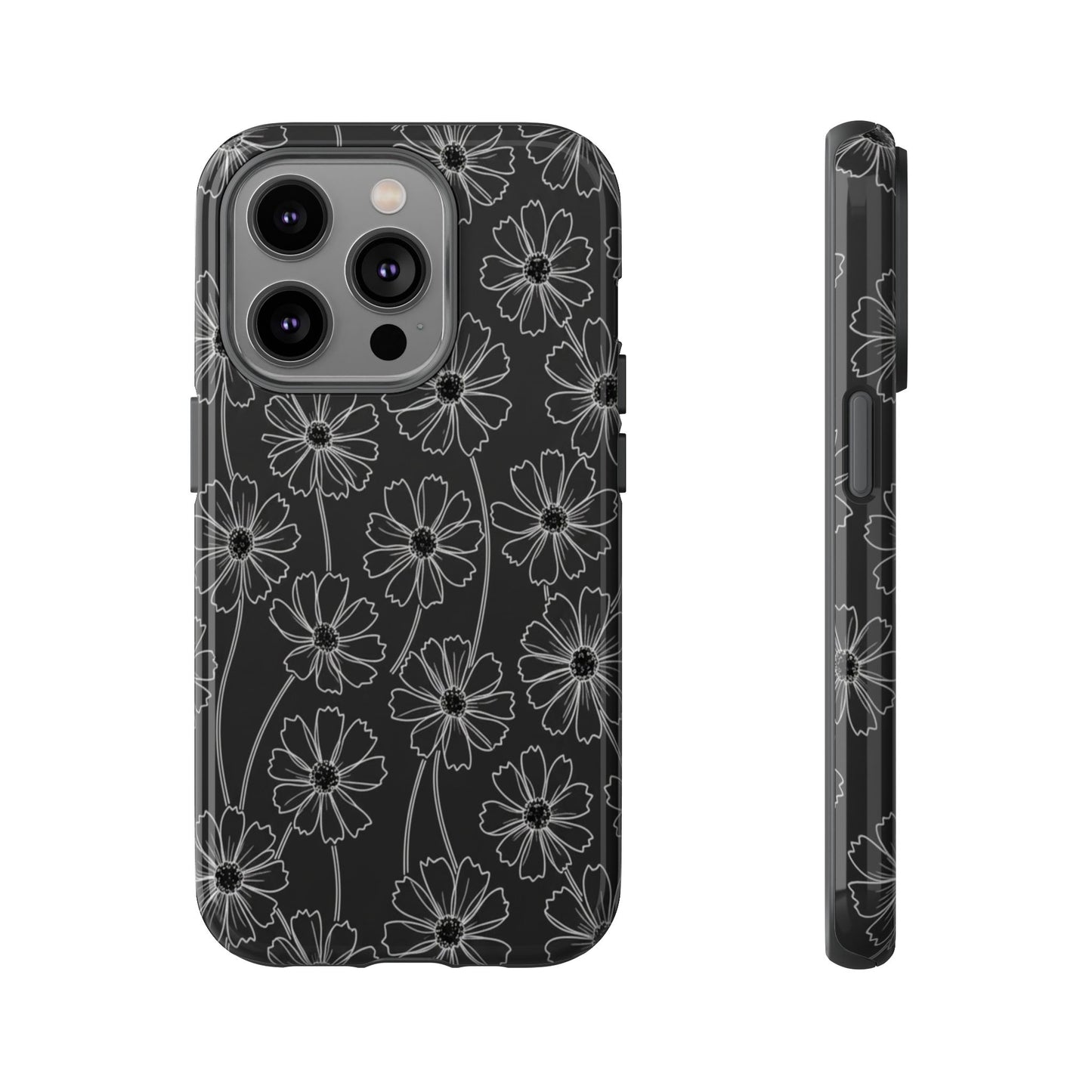 Floral Doodle Tough Phone Case — Black & Gray Daisy Pattern