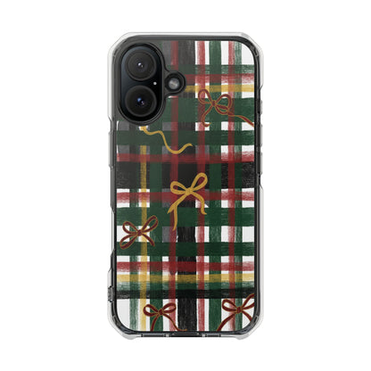 Phone Case - Festive Plaid with Gold Bows Clear Magnetic Impact Case
