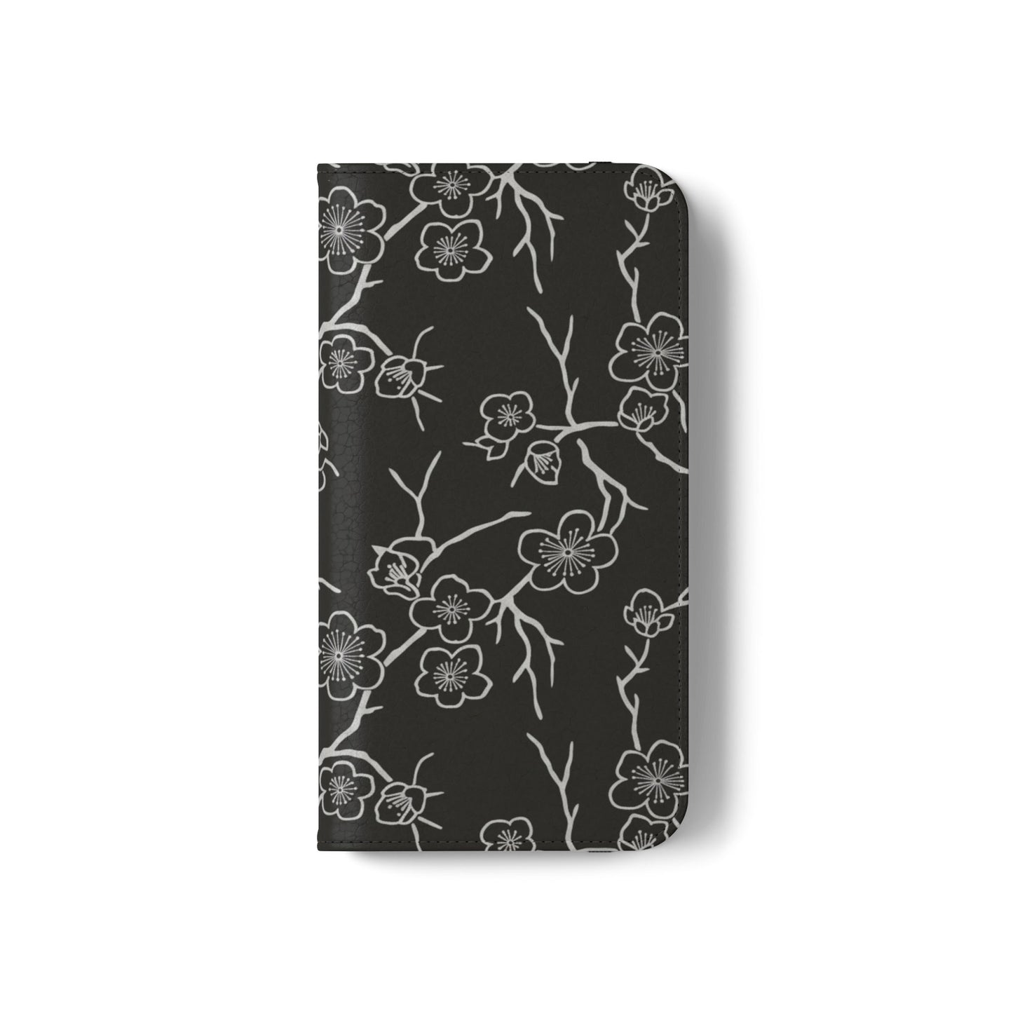 Black Cherry Blossom Flip Phone Case – Floral Wallet Flip Case with Card Slots