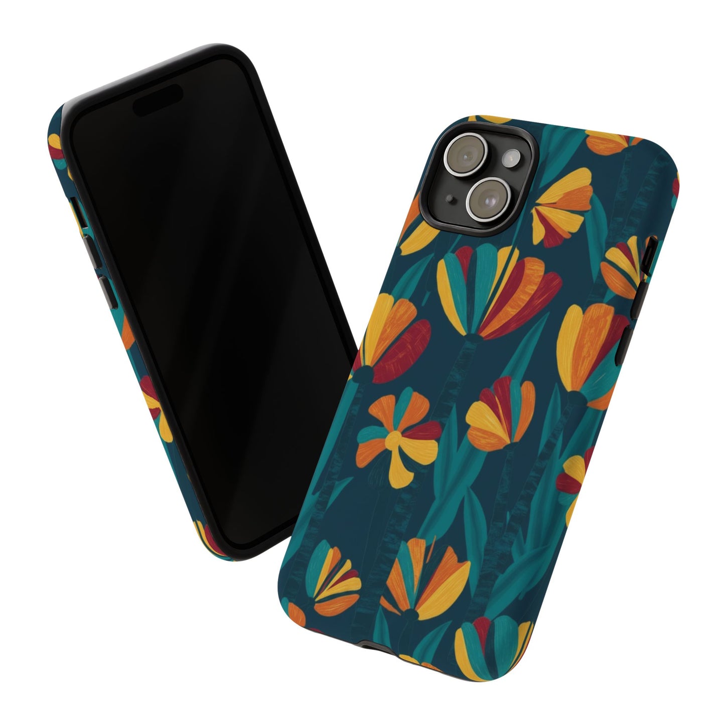 Floral Retro Teal Tough Phone Case — Vibrant Orange & Mustard Blooms