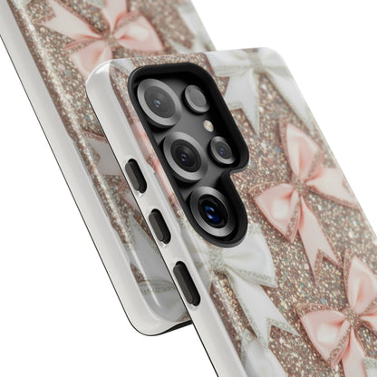 Glitter Bow Tough Phone Case — Pink & White Ribbon Protective Cover