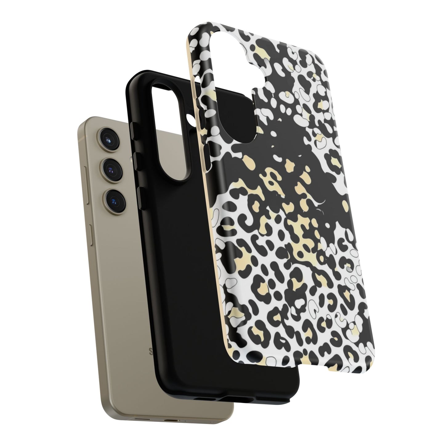 Leopard Splash Tough Phone Case — Black & Cream Animal Print Protective Cover