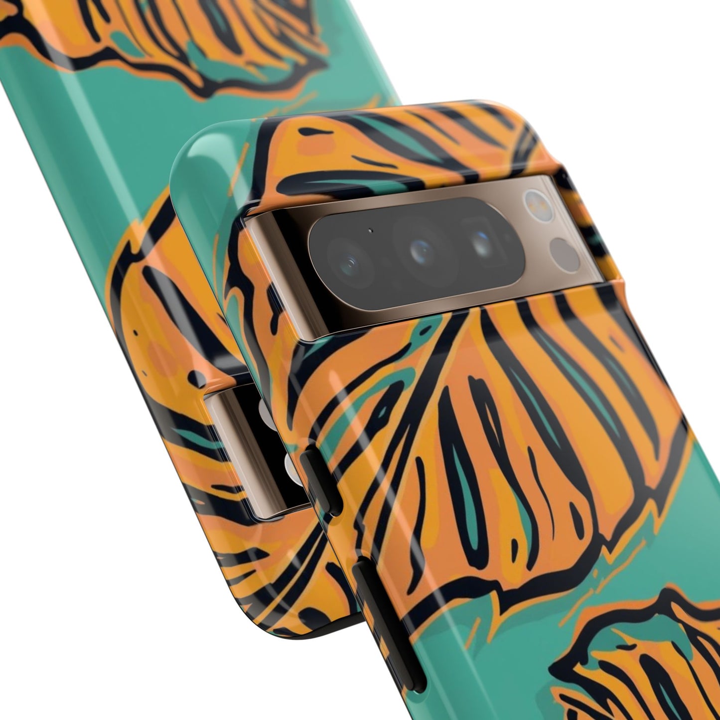 Tropical Leaf Tough Phone Case — Orange Monstera Design on Teal