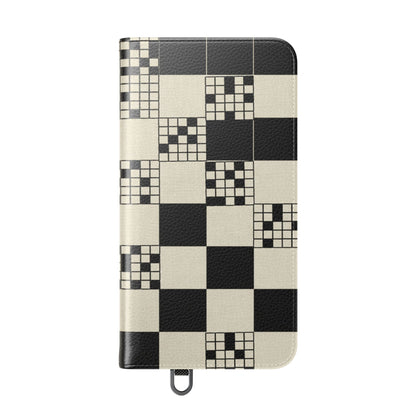 Checkerboard Flip Phone Case – Retro Black & Cream Geometric Wallet Case