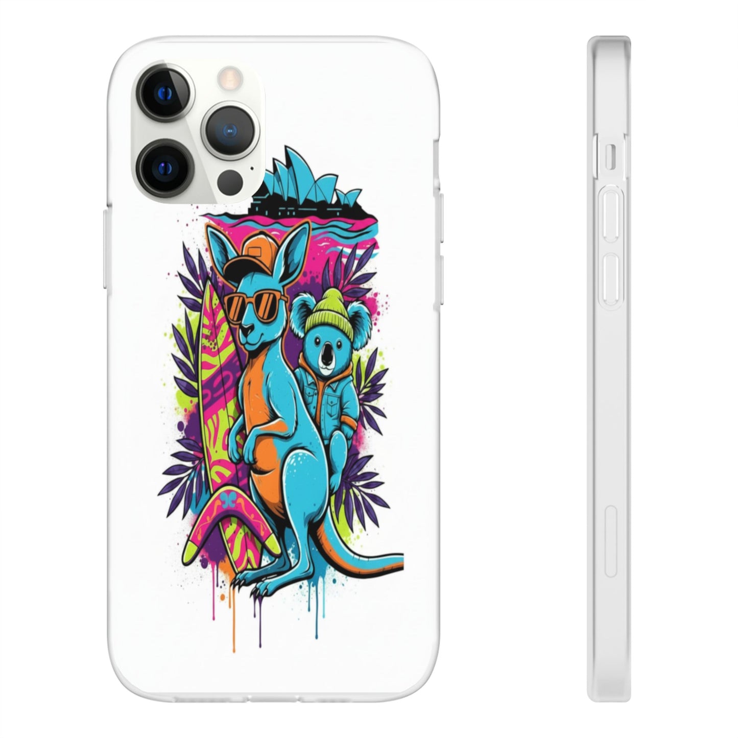 Kangaroo & Koala Surf Phone Case — Neon Aussie Beach Vibes Flexible Case