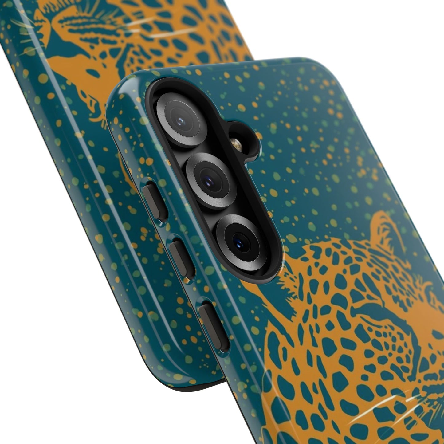 Leopard Print Tough Phone Case — Gold Panther on Teal, Protective iPhone Cover