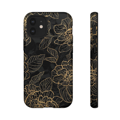 Floral Gold Outline Tough Phone Case – Black Botanical Protective Cover