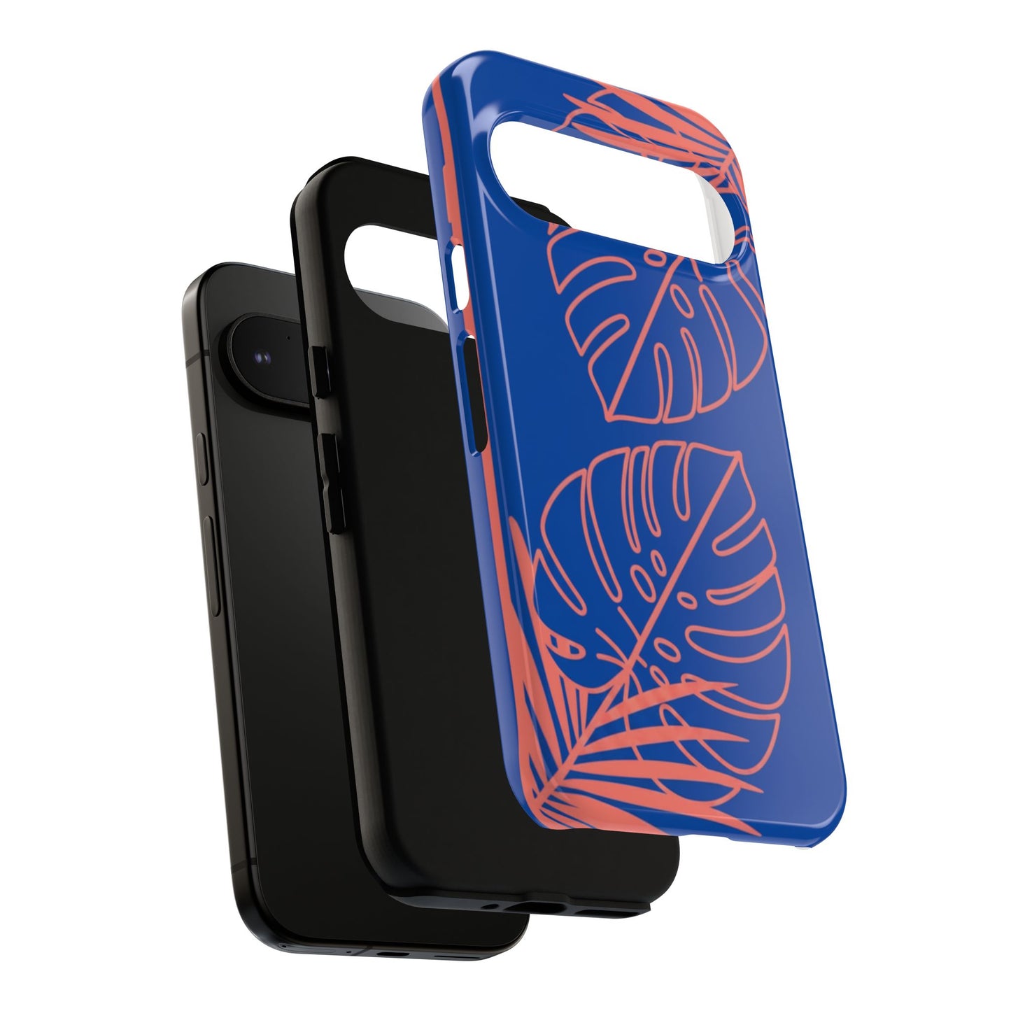 Tropical Monstera Phone Case — Blue & Coral Leaf Protective Cover