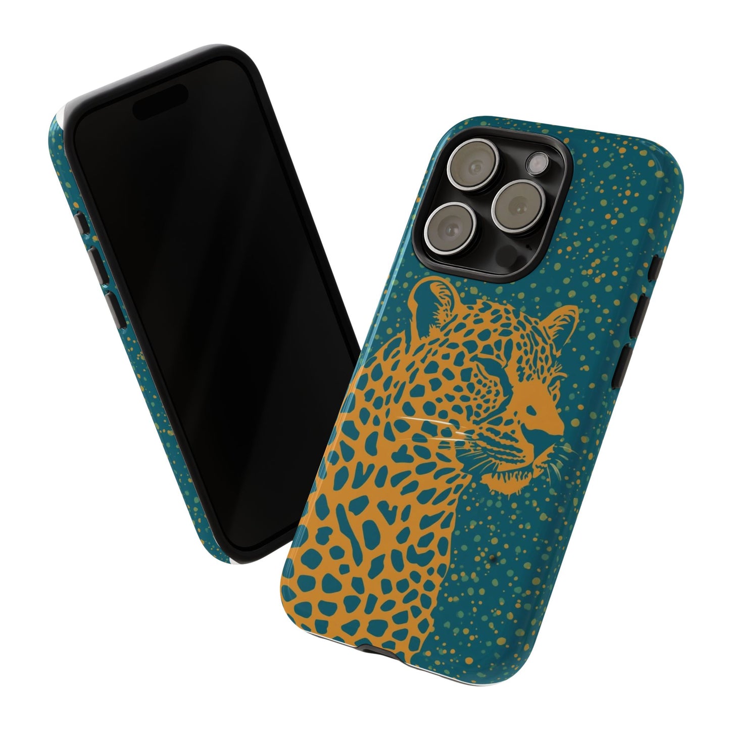 Leopard Spotlight Phone Case — Teal Gold Animal Print Protective Cover