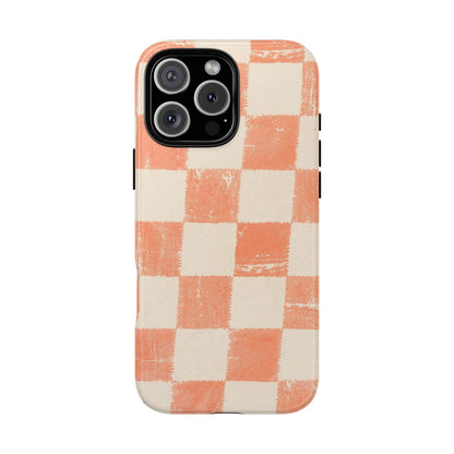 Peach Checkerboard Tough Phone Case — Retro Distressed Grid Design