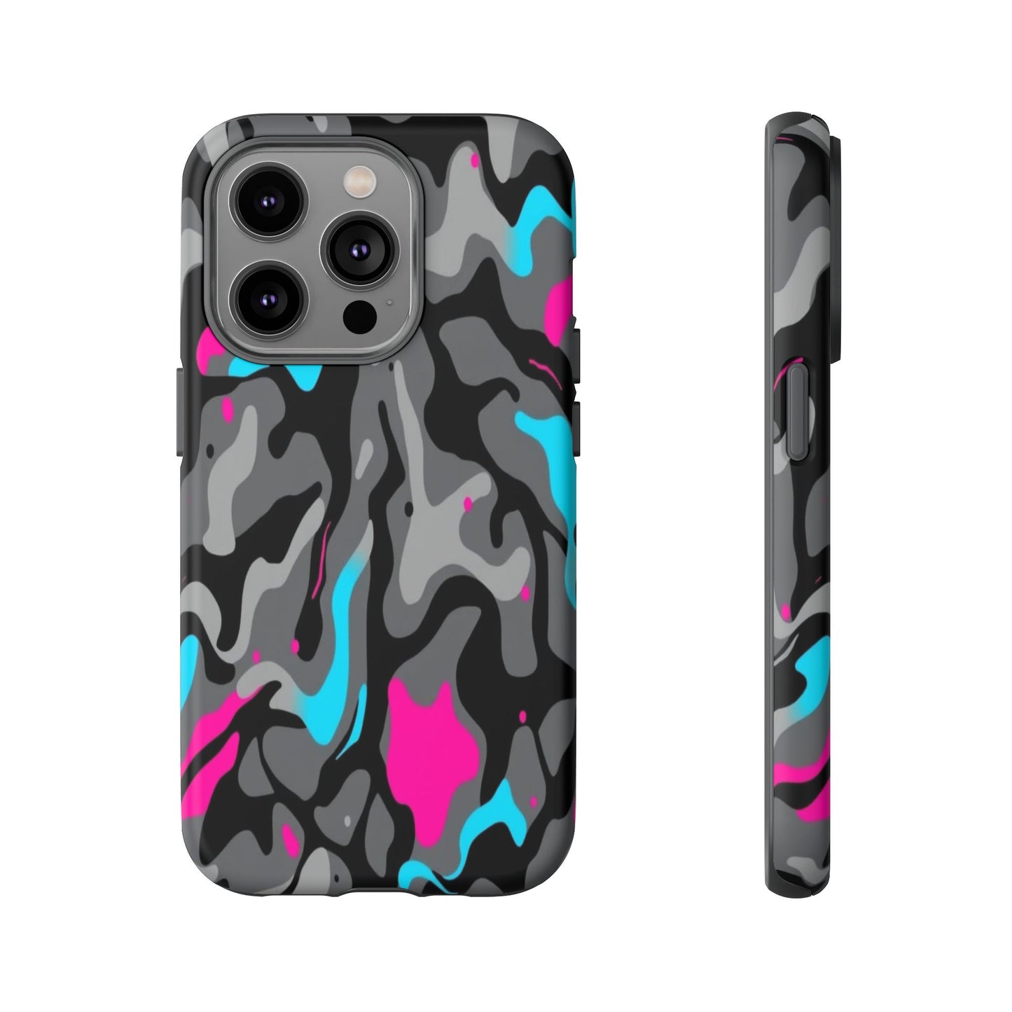 Camouflage Phone Case — Gray Camo with Neon Pink & Cyan Accent Tough Protective Cover