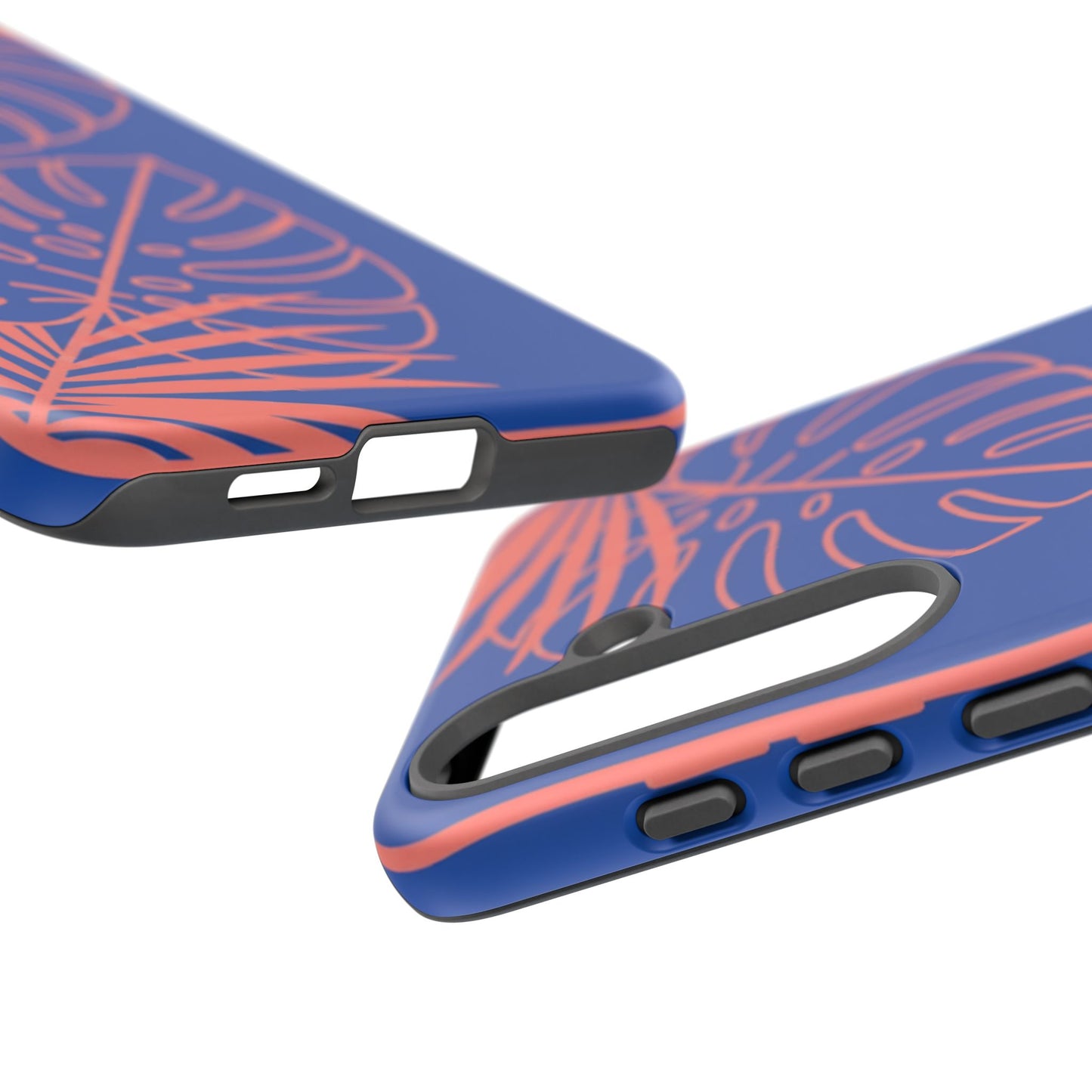 Tropical Monstera Phone Case — Blue & Coral Leaf Protective Cover