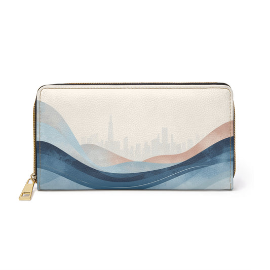 City Skyline Wave Zipper Wallet — Coastal Blue Abstract Travel Wallet