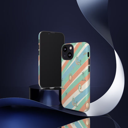 Retro Beach Stripes Phone Case — Sun, Waves & Palm Pattern Tough Case
