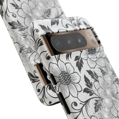 Floral Lace Phone Case — Black & White Vintage Flower Protective Case