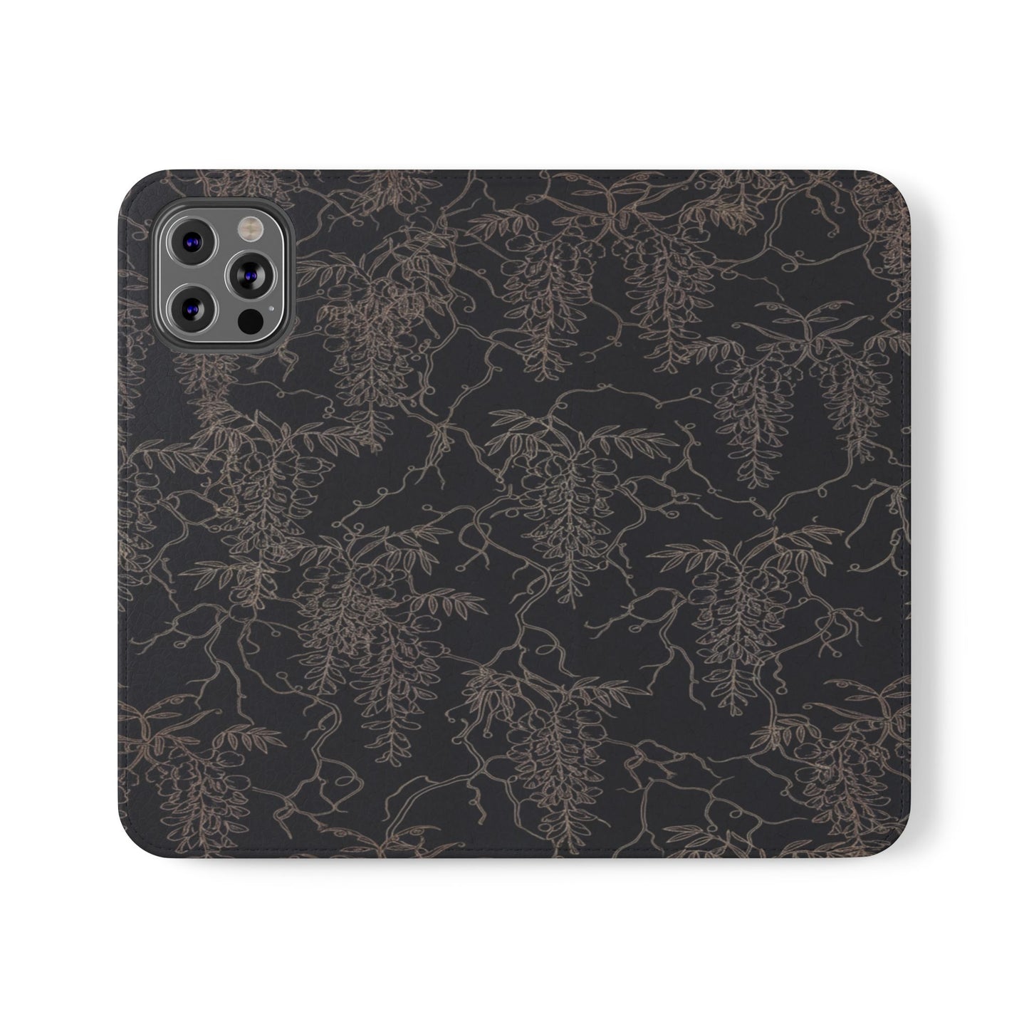 Botanical Noir Flip Phone Case — Dark Floral Wallet Cover with Card Slots