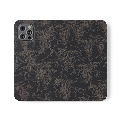 Botanical Noir Flip Phone Case — Dark Floral Wallet Cover with Card Slots