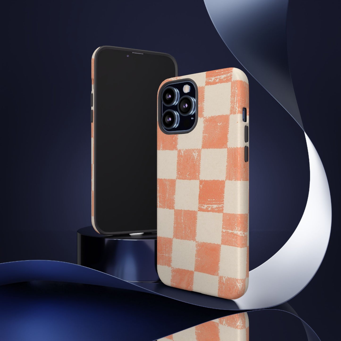 Peach Checkerboard Tough Phone Case — Retro Distressed Grid Design