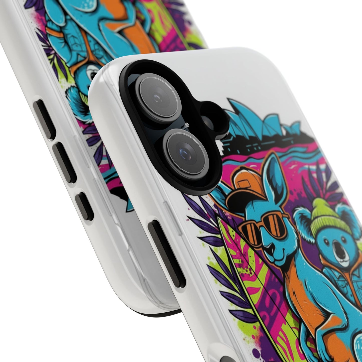 Kangaroo & Koala Surf Phone Case — Retro Neon Beach Art Tough Case