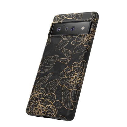 Floral Gold Outline Tough Phone Case – Black Botanical Protective Cover