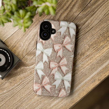 Glitter Bow Tough Phone Case — Pink & White Ribbon Protective Cover