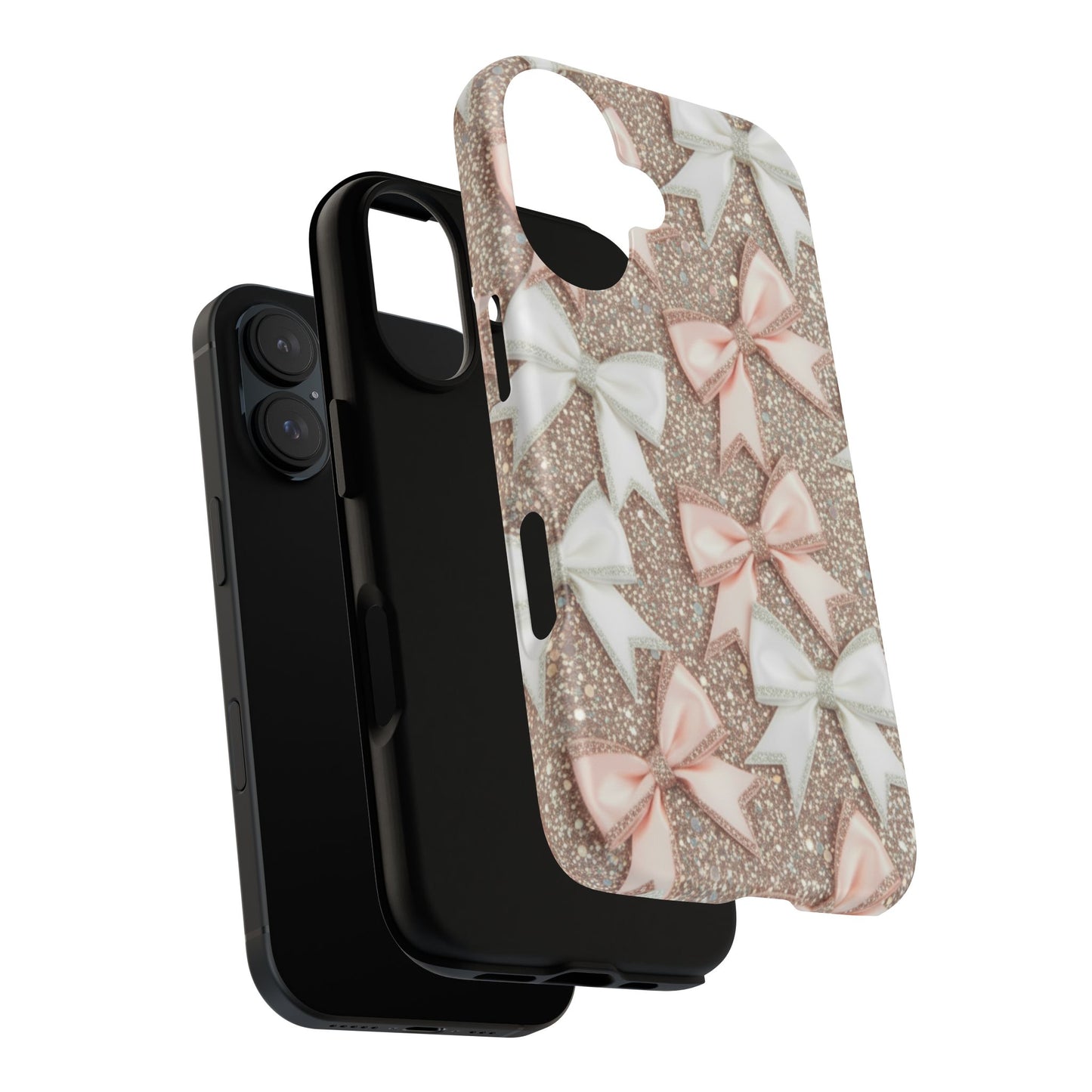 Glitter Bow Tough Phone Case — Pink & White Ribbon Protective Cover