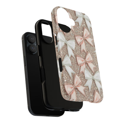 Glitter Bow Tough Phone Case — Pink & White Ribbon Protective Cover