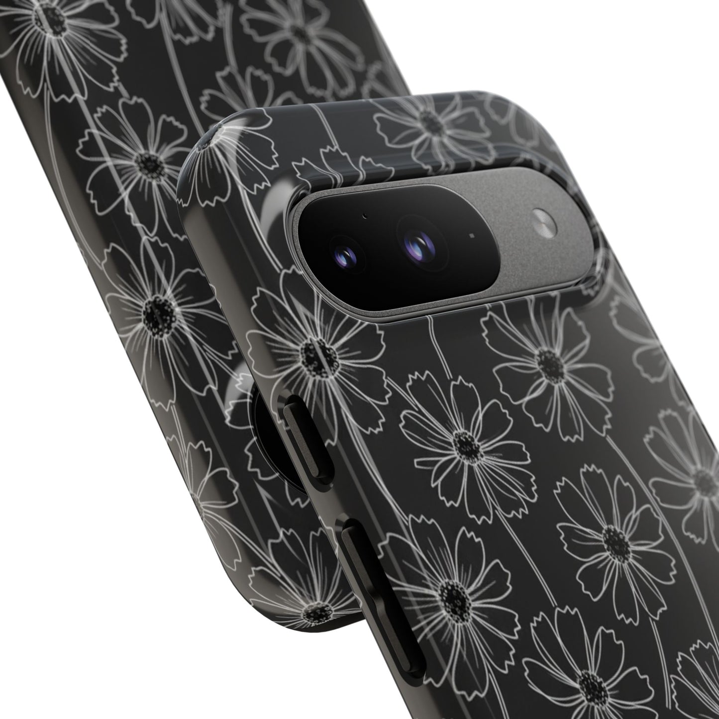Floral Doodle Tough Phone Case — Black & Gray Daisy Pattern