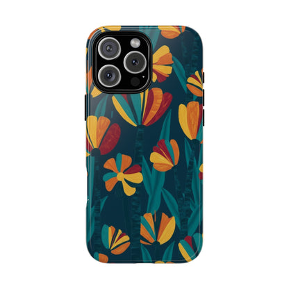 Floral Retro Teal Tough Phone Case — Vibrant Orange & Mustard Blooms