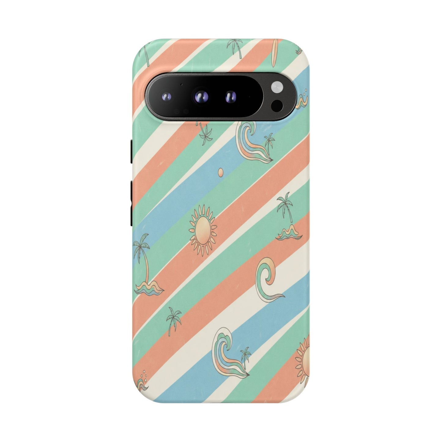 Retro Beach Stripes Phone Case — Sun, Waves & Palm Pattern Tough Case