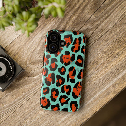 Leopard Print Tough Phone Case — Teal & Rust Protective iPhone Cover