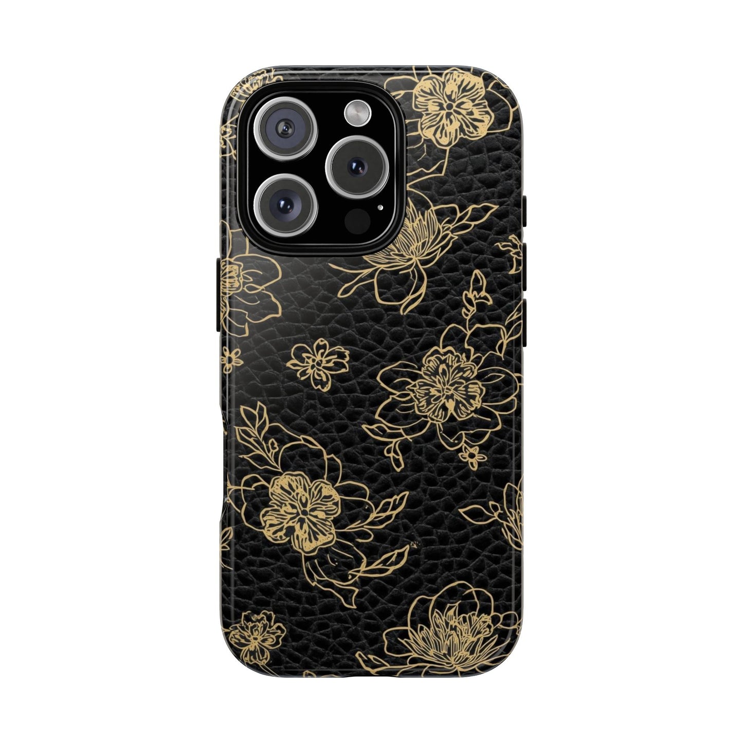 Floral Leather Phone Case — Gold Outline Flowers on Black Tough Case