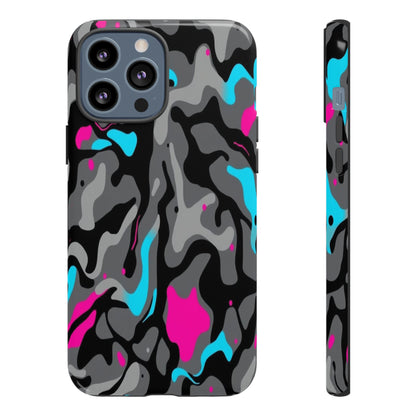 Camouflage Phone Case — Gray Camo with Neon Pink & Cyan Accent Tough Protective Cover