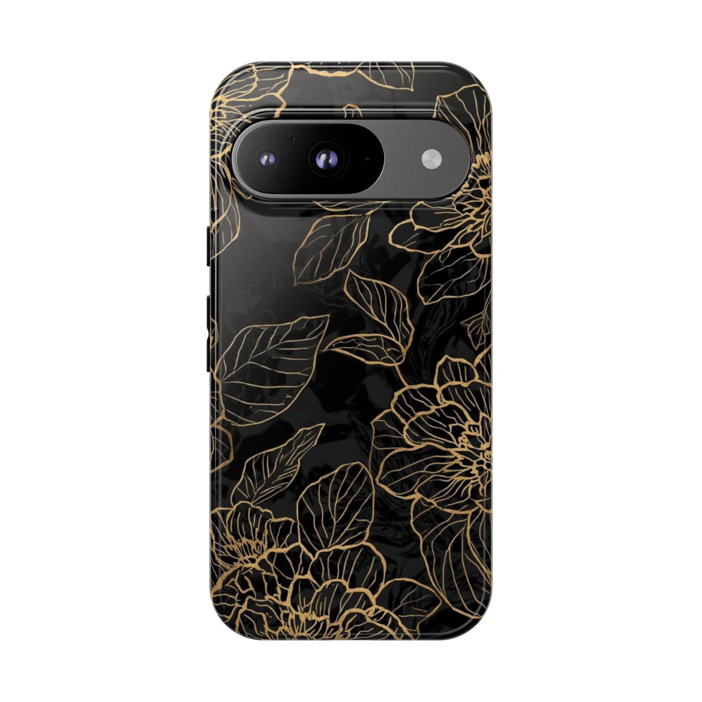 Floral Gold Outline Tough Phone Case – Black Botanical Protective Cover