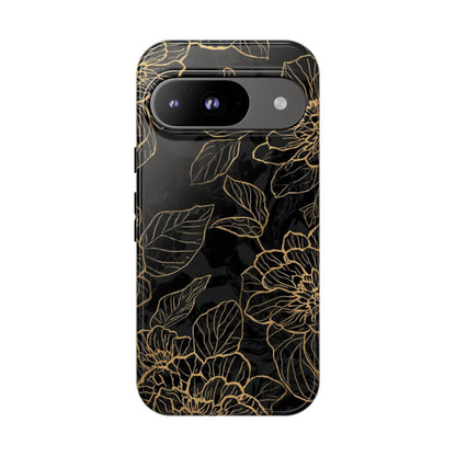 Floral Gold Outline Tough Phone Case – Black Botanical Protective Cover